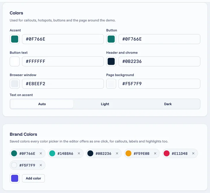 The Colors and Brand Colors cards of the brand kit, with the accent, button, header and page colors and Harborline's saved colors.