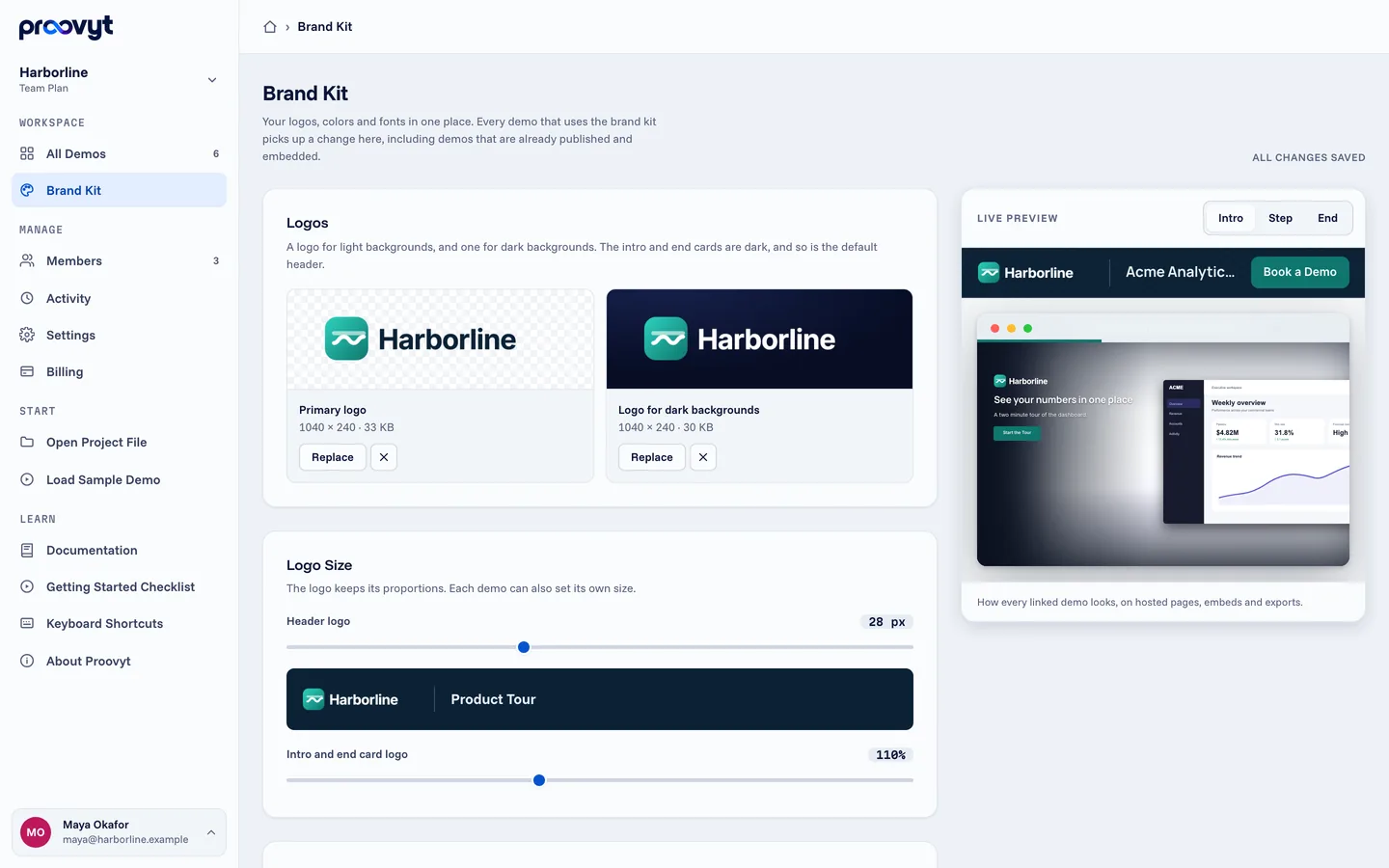 The Brand Kit page, with Harborline's two logos, the logo size and a live preview.