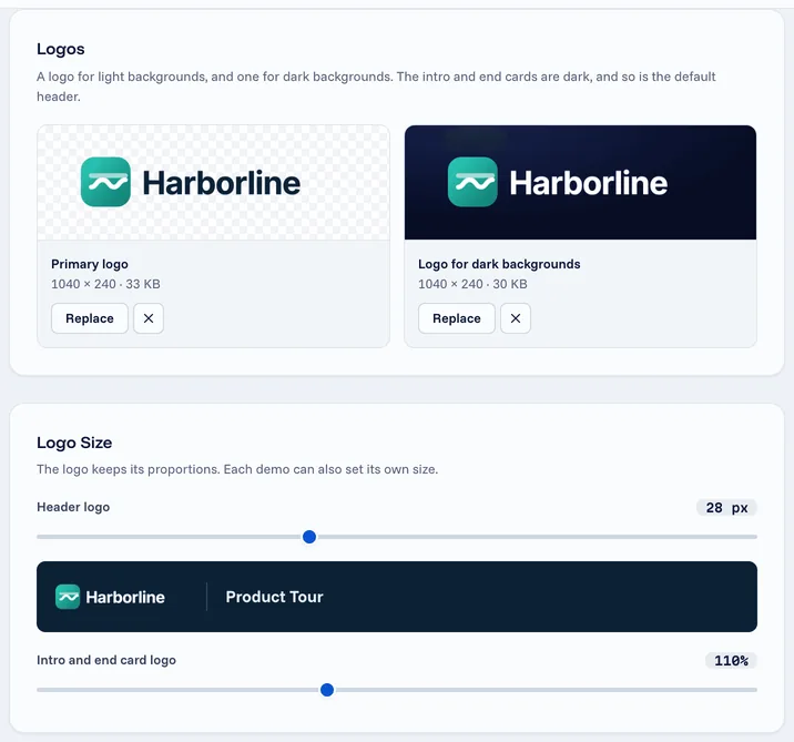 The Logos and Logo Size cards of the brand kit, with Harborline's logo for light and dark backgrounds and the header and card logo sizes.