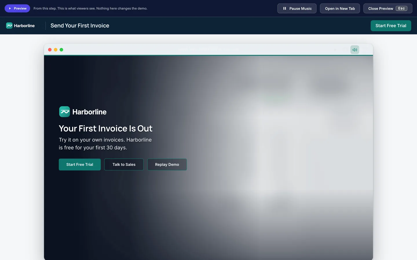 The preview of a demo's end card, with Harborline's logo, the title Your First Invoice Is Out and three buttons.
