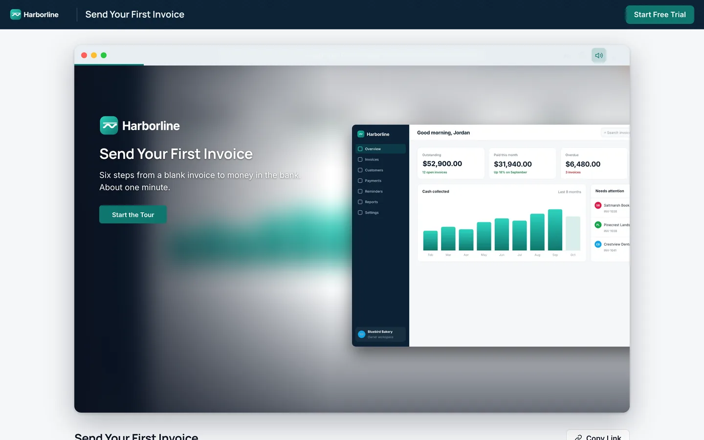 A published Harborline demo on its hosted page, opening on the intro card Send Your First Invoice with a Start the Tour button.
