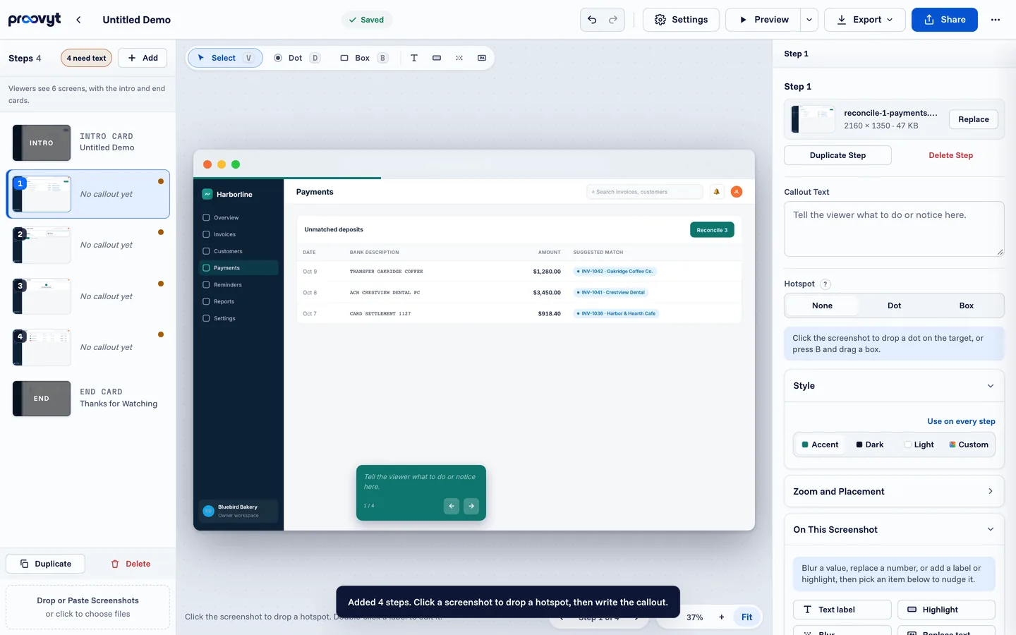 The editor with four imported screenshots added as steps, and a note to click a screenshot to drop a hotspot.