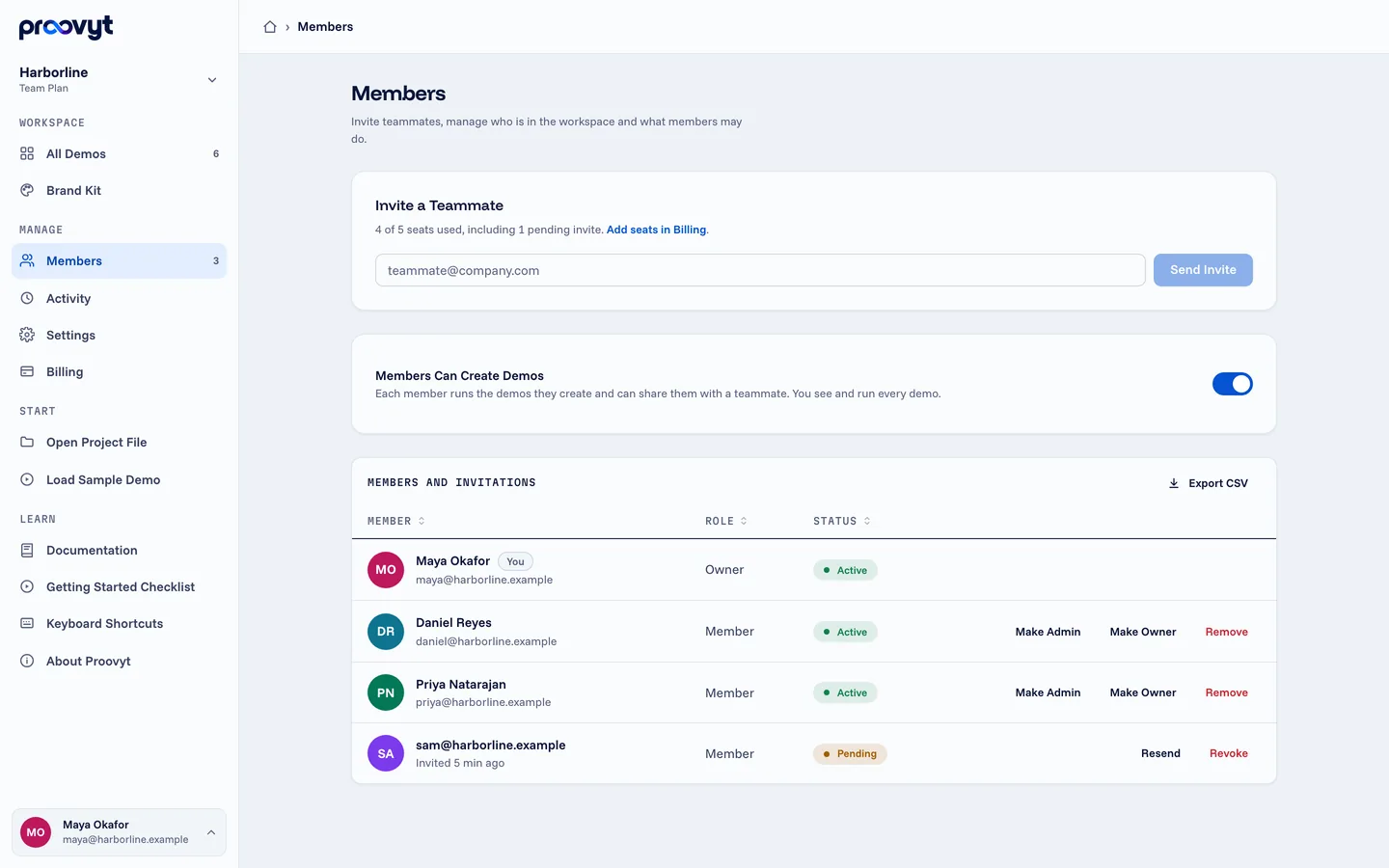 The Members page of the Harborline Team workspace, with an invite field, the Members Can Create Demos switch, and an owner, two members and a pending invite.