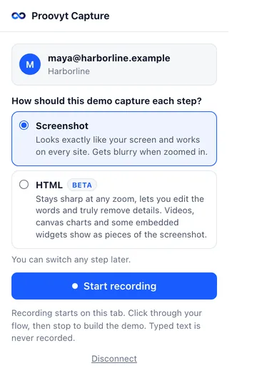 The Proovyt Capture Chrome extension popup, signed in to Harborline, with the choice of Screenshot or HTML capture and the Start recording button.