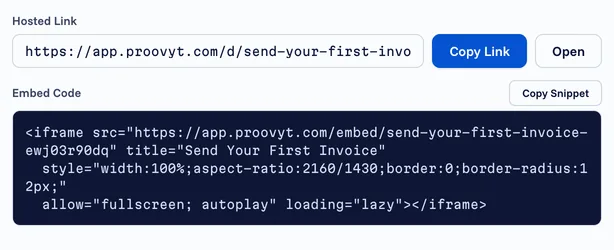 The hosted link and the embed code for a published demo, each with a copy button.