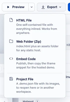 The Export menu, with HTML File, Web Folder (Zip), Embed Code and Project File.