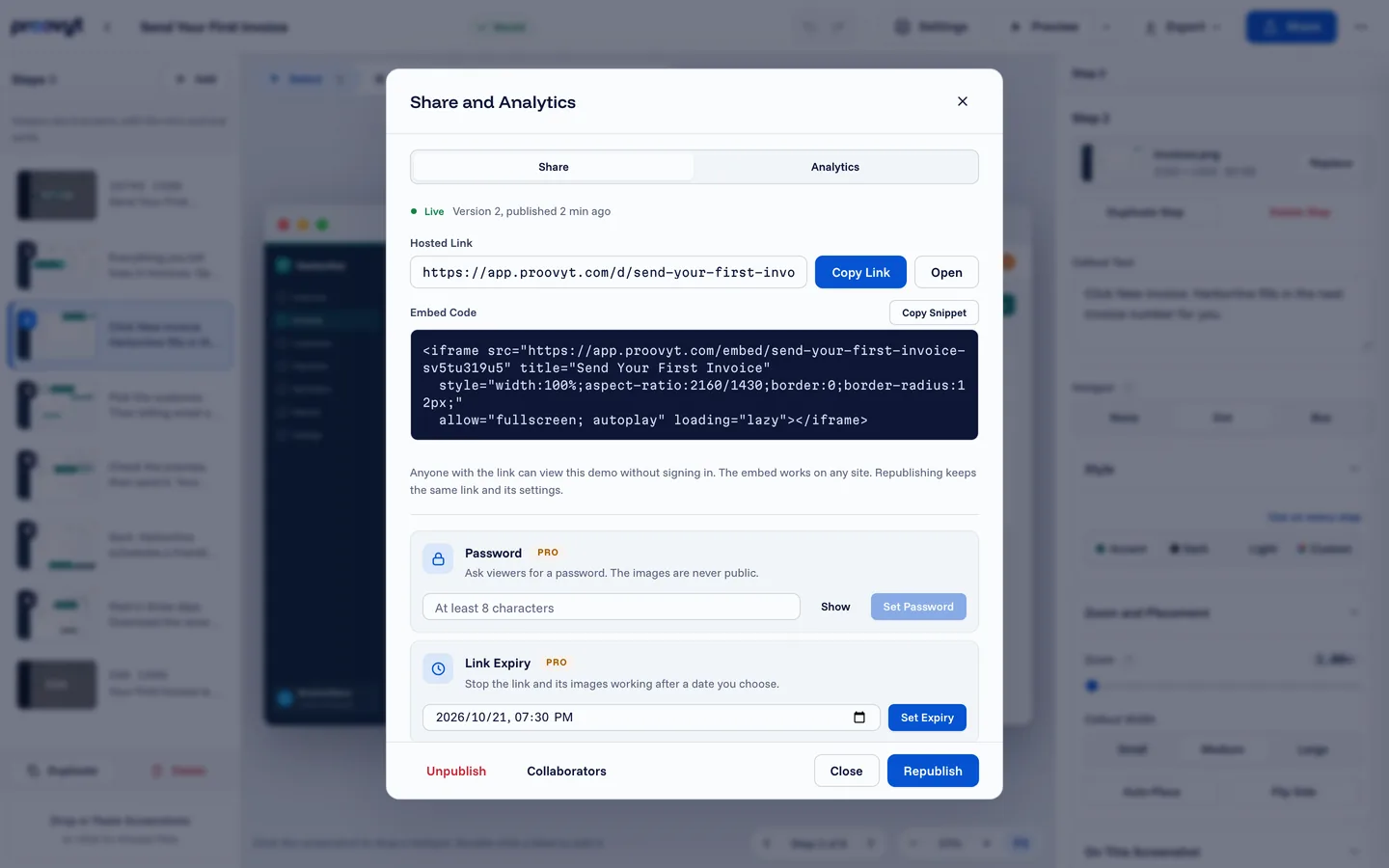 The Share dialog for a live demo, with its hosted link and the embed code.