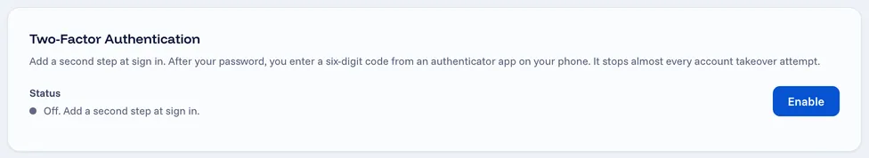 The Two-Factor Authentication card in the account settings, with an Enable button.