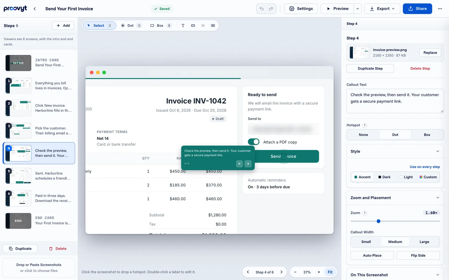 The editor on step 4 of a Harborline demo, zoomed to 1.6x on the Send invoice button, with the callout and the zoom setting in the inspector.