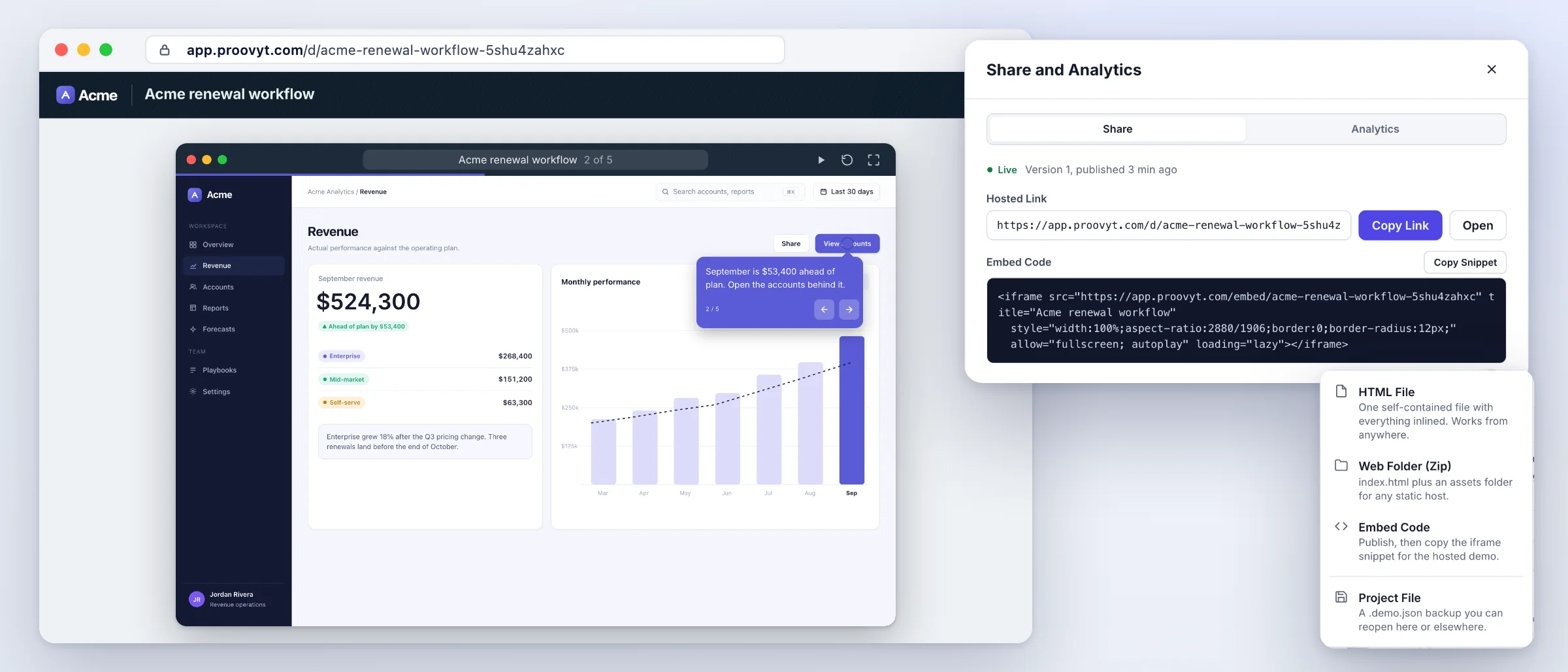 A published Proovyt demo playing on its hosted link page, with the share panel open on link, embed and HTML export